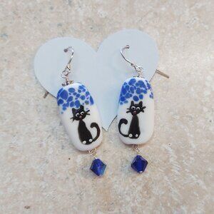 Cat lampwork glass earrings with sterling hooks